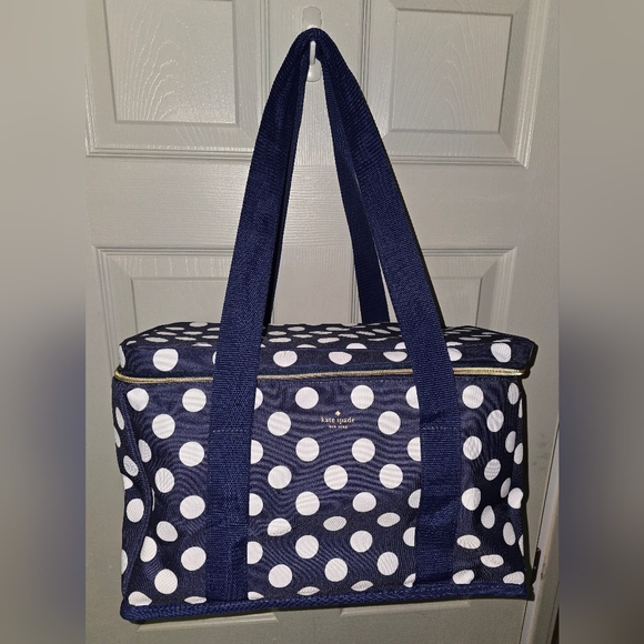 kate spade Handbags - NWOT Kate Spade Navy Blue & White Polka Dot Insulated Cooler Shoulder Bag Large